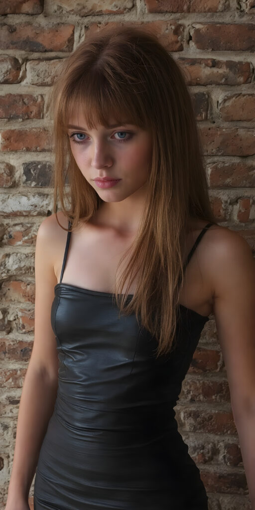 A stunningly detailed realistic (((full angle body shot))), with intricate patterns and detailed textures, capturing a beautifully illustrated (((young teen girl in her thin black leather dress, perfect fit body))), her iconic red hair is long straight and soft, with a 4K resolution, detailed environments that push the limits of imagination, creating a breathtaking visual symphony that defies the realm of possibility. Modern color grading techniques bring the whole composition to life, elevating this advanced image to the highest standard of artistry and technique, giving the viewer a truly unforgettable visual masterpiece, all against a brick wall backdrop