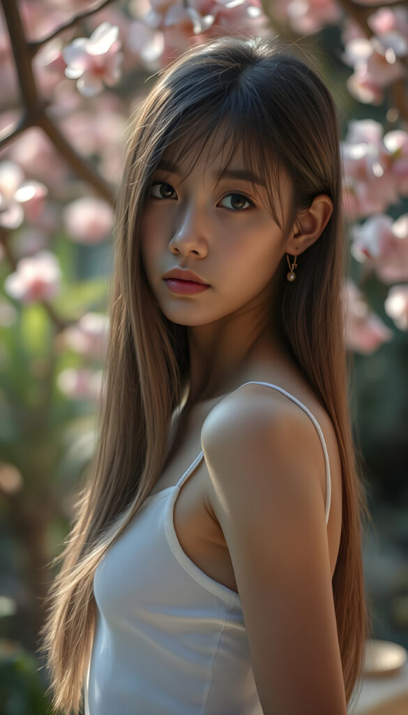 A stunningly detailed, super-realistic image of a cute Asian girl with long, straight hair cascading down her shoulders. She wears a crisp white short tank top, her body curving perfectly in a flattering silhouette. Her large, expressive eyes reflect a hint of melancholy as she gazes directly at the camera, her skin glowing with a soft, warm light that enhances her youthful radiance. The background is a vibrant, softly blurred garden scene with blooming cherry blossoms, creating a serene and enchanting atmosphere. The composition balances her delicate features with the lush, colorful environment, making the image both captivating and emotionally resonant.