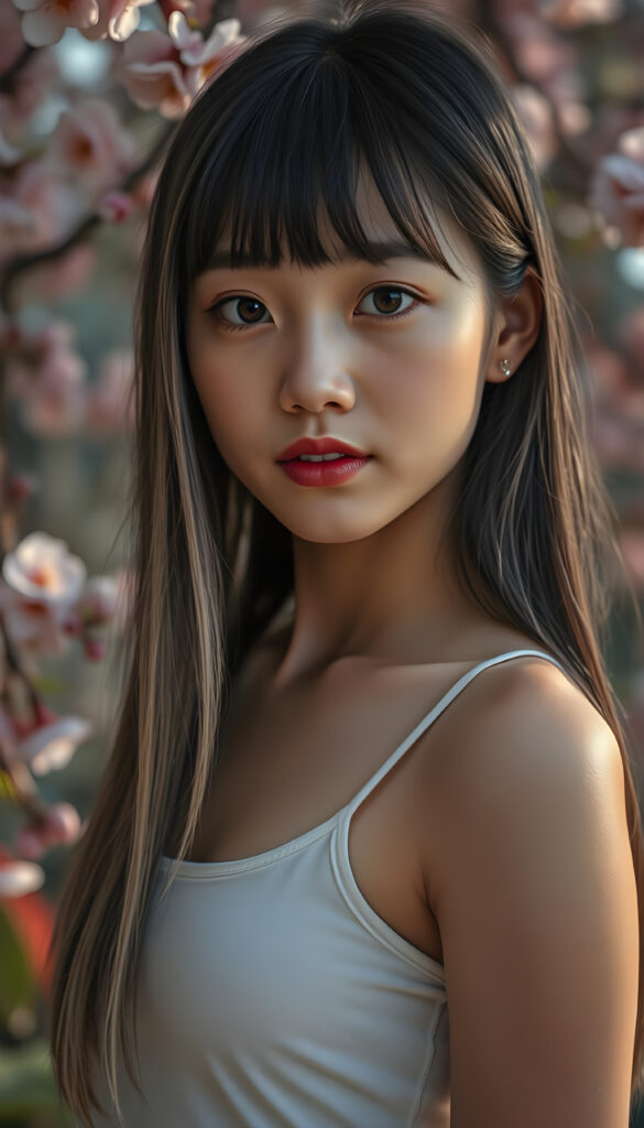 A stunningly detailed, super-realistic image of a cute Asian girl with long, straight black hair and blond highlights cascading down her shoulders, bangs frame her round face. Full red kissable lips, white teeth. Amber shiny eyes. She wears a crisp white short tank top, low neckline, her body curving perfectly in a flattering silhouette. Her large, expressive eyes reflect a hint of melancholy as she gazes directly at the camera, her skin glowing with a soft, warm light that enhances her youthful radiance. The background is a vibrant, softly blurred garden scene with blooming cherry blossoms, creating a serene and enchanting atmosphere. The composition balances her delicate features with the lush, colorful environment, making the image both captivating and emotionally resonant.