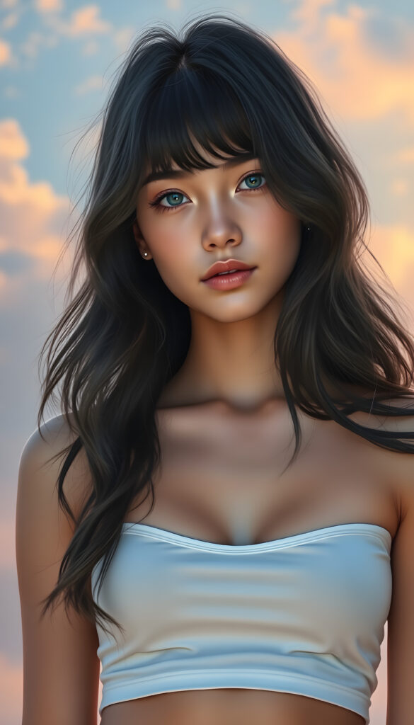 A stunningly detailed and vibrant illustration of a confident 18-year-old girl with flawless smooth skin, wearing a short white cotton top with a plunging neckline. Her luxurious, slightly wavy black hair cascades gracefully over her shoulders left an right the same length. Her bright, natural blue eyes gaze directly at the viewer, embodying a sense of self-assurance. The background is a dreamy, pastel-hued sky with soft, wispy clouds, enhancing the serene and ethereal atmosphere. The lighting is soft and natural, casting gentle highlights and shadows that accentuate her features and the texture of her hair. The composition is dynamic, with the girl standing confidently, her body slightly angled, creating a sense of depth and movement in the scene.