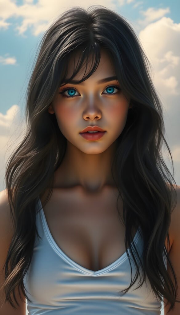 A stunningly detailed and vibrant illustration of a confident 18-year-old girl with flawless smooth skin, wearing a short white cotton top with a plunging neckline. Her luxurious, slightly wavy black hair cascades gracefully over her shoulders left an right the same length. Her bright, natural blue eyes gaze directly at the viewer, embodying a sense of self-assurance. The background is a dreamy, pastel-hued sky with soft, wispy clouds, enhancing the serene and ethereal atmosphere. The lighting is soft and natural, casting gentle highlights and shadows that accentuate her features and the texture of her hair. The composition is dynamic, with the girl standing confidently, her body slightly angled, creating a sense of depth and movement in the scene.
