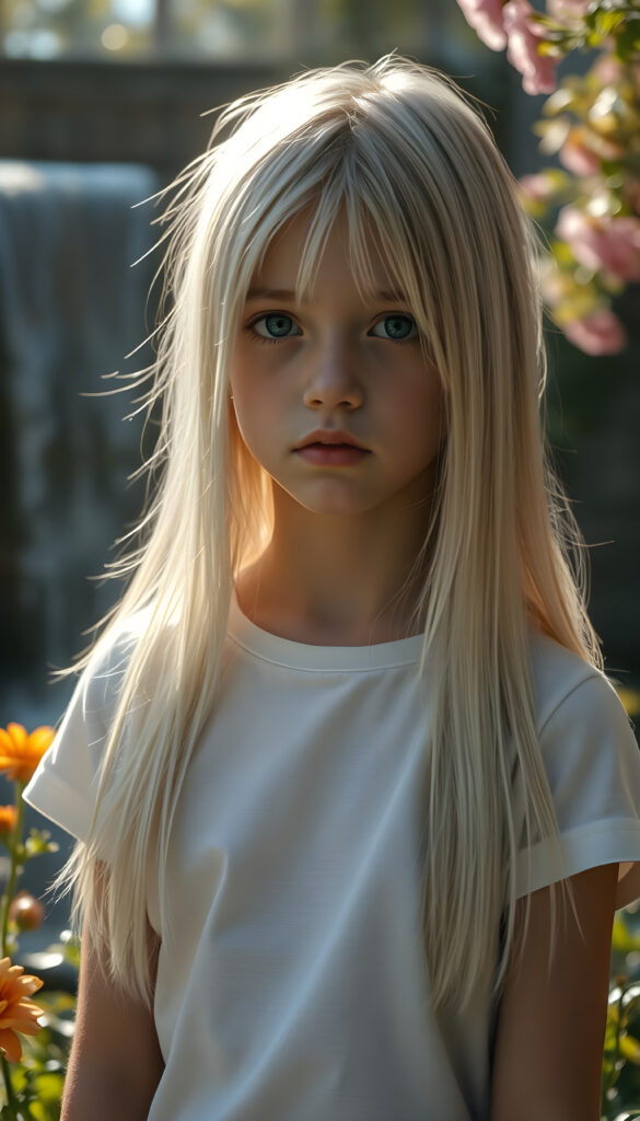 A stunningly detailed and hyperrealistic scene of a young girl with flowing, untamed, straight, silky white blonde hair cascading down her shoulders, framing her round face. Her expression is deeply sorrowful, eyes glistening with unshed tears. She wears a minimalist white short-sleeve T-shirt, with the fabric softly hugging her petite form. The setting is a serene, sunlit garden, with vibrant flowers blooming around her. Soft, golden light filters through the leaves, casting a warm, ethereal glow over the scene. In the background, a gentle waterfall adds to the tranquil ambiance, enhancing the dreamlike atmosphere. The girl's hair shimmers with a subtle iridescence, catching the light in delicate highlights.