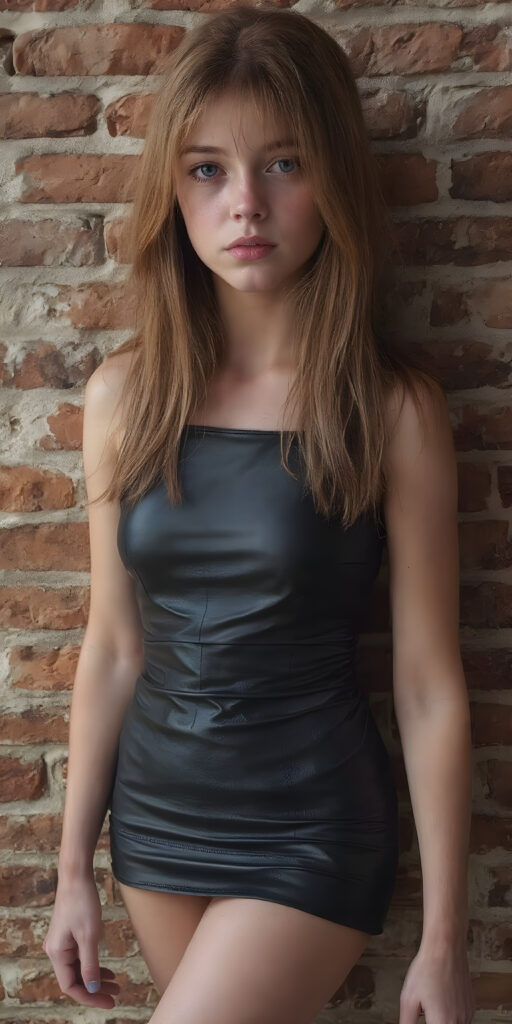 A stunningly detailed realistic (((full angle body shot))), with intricate patterns and detailed textures, capturing a beautifully illustrated (((young teen girl in her thin black leather dress, perfect fit body))), her iconic red hair is long straight and soft, with a 4K resolution, detailed environments that push the limits of imagination, creating a breathtaking visual symphony that defies the realm of possibility. Modern color grading techniques bring the whole composition to life, elevating this advanced image to the highest standard of artistry and technique, giving the viewer a truly unforgettable visual masterpiece, all against a brick wall backdrop