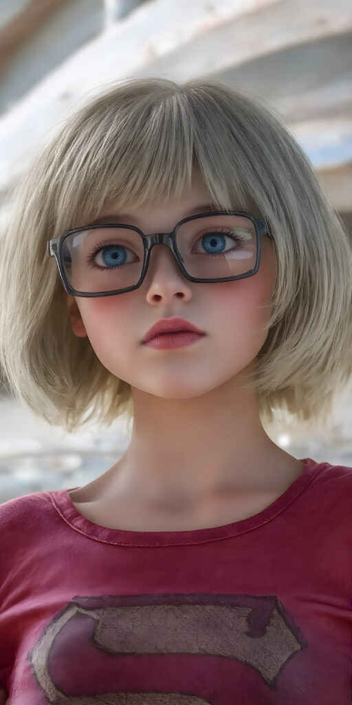 A stunningly detailed (((full angle body shot))), with intricate patterns and detailed textures, capturing a beautifully illustrated (((young supergirl in her classic costume))), her iconic blonde hair is styled in a sleek, high-tech bob with a 4K resolution, framed by a futuristic glasses that reflect the modern aesthetic. The scene is set against a backdrop of hyper-realistic, detailed environments that push the limits of imagination, creating a breathtaking visual symphony that defies the realm of possibility. Modern color grading techniques bring the whole composition to life, elevating this advanced image to the highest standard of artistry and technique, giving the viewer a truly unforgettable visual masterpiece