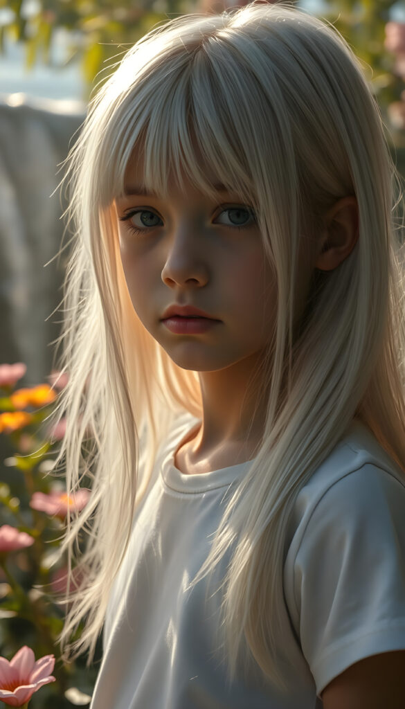 A stunningly detailed and hyperrealistic scene of a young girl with flowing, untamed, straight, silky white blonde hair cascading down her shoulders, framing her round face. Her expression is deeply sorrowful, eyes glistening with unshed tears. She wears a minimalist white short-sleeve T-shirt, with the fabric softly hugging her petite form. The setting is a serene, sunlit garden, with vibrant flowers blooming around her. Soft, golden light filters through the leaves, casting a warm, ethereal glow over the scene. In the background, a gentle waterfall adds to the tranquil ambiance, enhancing the dreamlike atmosphere. The girl's hair shimmers with a subtle iridescence, catching the light in delicate highlights.