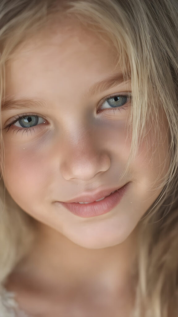 A stunningly detailed (((closeup portrait))), captured at an 8K resolution, showcasing a vividly beautiful young girl with ((tan skin and white drenched hair)), whose luxurious locks cascade down in a (serene drape), and are gently accented by (glittery particles) that enhance the overall whimsical charm of the scene. The girl's smile is warm and inviting, perfectly capturing the essence of a dream-like moment, full color, full resolution