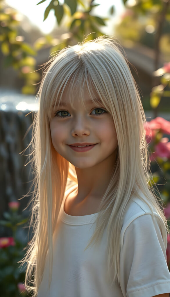 A stunningly detailed and hyperrealistic scene of a young girl with flowing, untamed, straight, silky white blonde hair cascading down her shoulders, framing her round face. She is very happy and friendly. She wears a minimalist white short-sleeve T-shirt, with the fabric softly hugging her petite form. The setting is a serene, sunlit garden, with vibrant flowers blooming around her. Soft, golden light filters through the leaves, casting a warm, ethereal glow over the scene. In the background, a gentle waterfall adds to the tranquil ambiance, enhancing the dreamlike atmosphere. The girl's hair shimmers with a subtle iridescence, catching the light in delicate highlights.