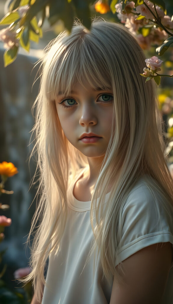 A stunningly detailed and hyperrealistic scene of a young girl with flowing, untamed, straight, silky white blonde hair cascading down her shoulders, framing her round face. Her expression is deeply sorrowful, eyes glistening with unshed tears. She wears a minimalist white short-sleeve T-shirt, with the fabric softly hugging her petite form. The setting is a serene, sunlit garden, with vibrant flowers blooming around her. Soft, golden light filters through the leaves, casting a warm, ethereal glow over the scene. In the background, a gentle waterfall adds to the tranquil ambiance, enhancing the dreamlike atmosphere. The girl's hair shimmers with a subtle iridescence, catching the light in delicate highlights.