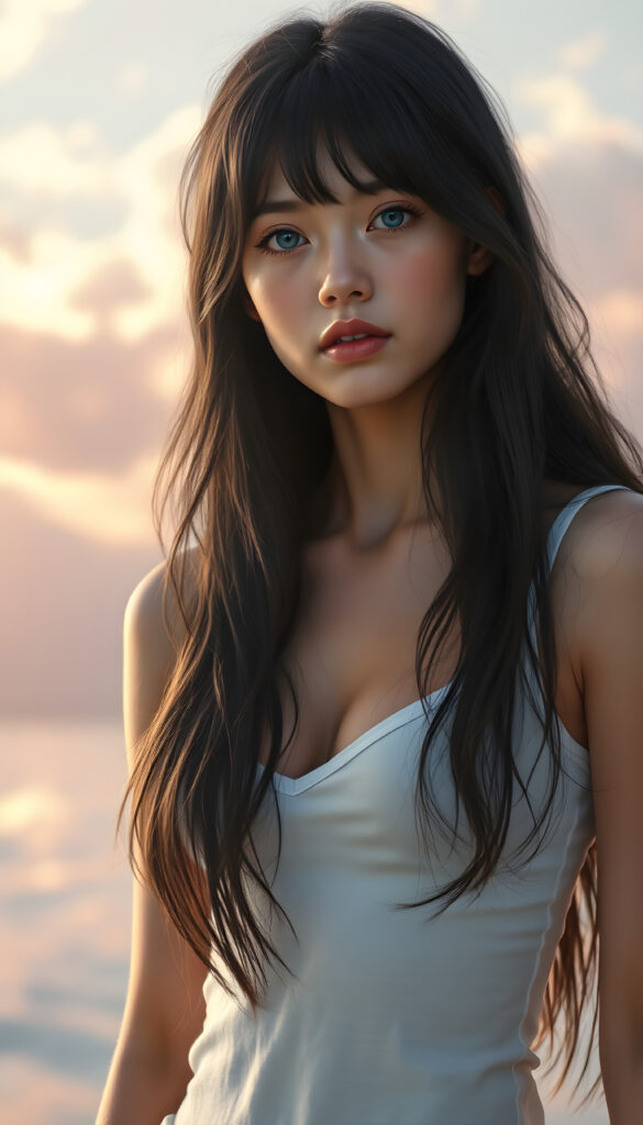 A stunningly detailed and vibrant illustration of a confident 18-year-old girl with flawless smooth skin, wearing a short white cotton top with a plunging neckline. Her luxurious, slightly wavy black hair cascades gracefully over her shoulders left an right the same length. Her bright, natural blue eyes gaze directly at the viewer, embodying a sense of self-assurance. The background is a dreamy, pastel-hued sky with soft, wispy clouds, enhancing the serene and ethereal atmosphere. The lighting is soft and natural, casting gentle highlights and shadows that accentuate her features and the texture of her hair. The composition is dynamic, with the girl standing confidently, her body slightly angled, creating a sense of depth and movement in the scene.