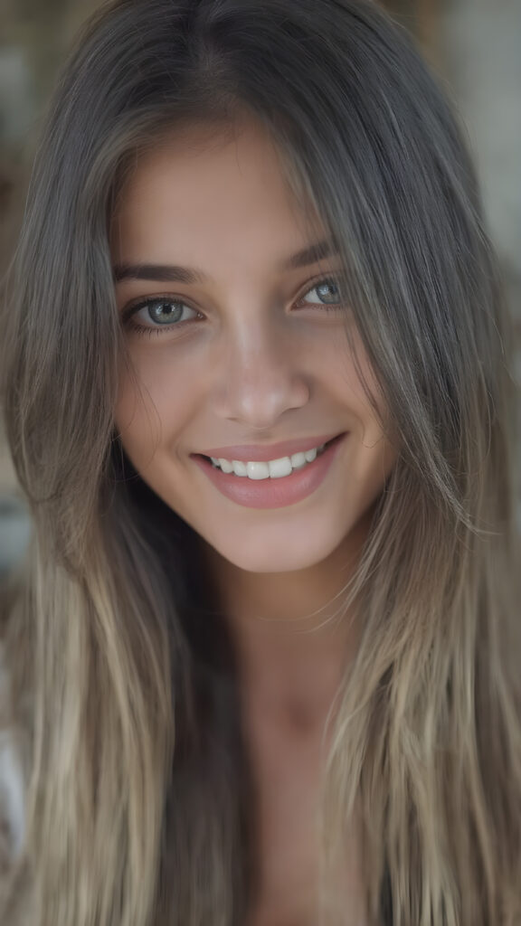 A stunningly detailed (((upper body photograph))), inspired by the works of OnlyFans Model, a teen with an ultra-realistic long, straight black and blonde hair, showcasing highly detailed, intricate eye and face, natural-looking skin texture, in a natural and tasteful pose, smiling with perfectly white teeth, captured in the best light for a high-quality, shallow depth of field image that exudes natural beauty and hyperrealism