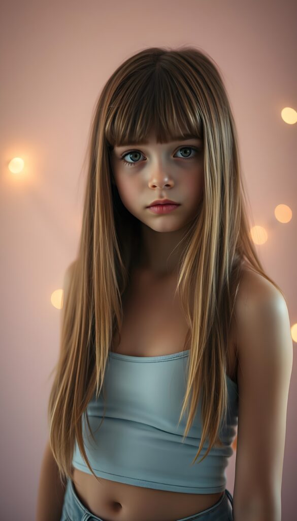 A stunningly detailed full-body portrait of a young teen girl with long, jet straight hair in vibrant hazelnut tones and blond highlights. Her mesmerizing, baby-doll eyes gaze directly into the camera, framed by adorable, slightly uneven bangs. Soft, angelic lighting highlights her delicate features and radiant complexion. She wears a sleeveless, cropped tank top that hugs her figure, light blue jeans pants, accentuating her flawless curves. The background is a softly contrasting, dreamy pastel gradient, with subtle, shimmering light effects, adding a touch of magic and playfulness to the serene, ethereal scene. She shows off her belly button.