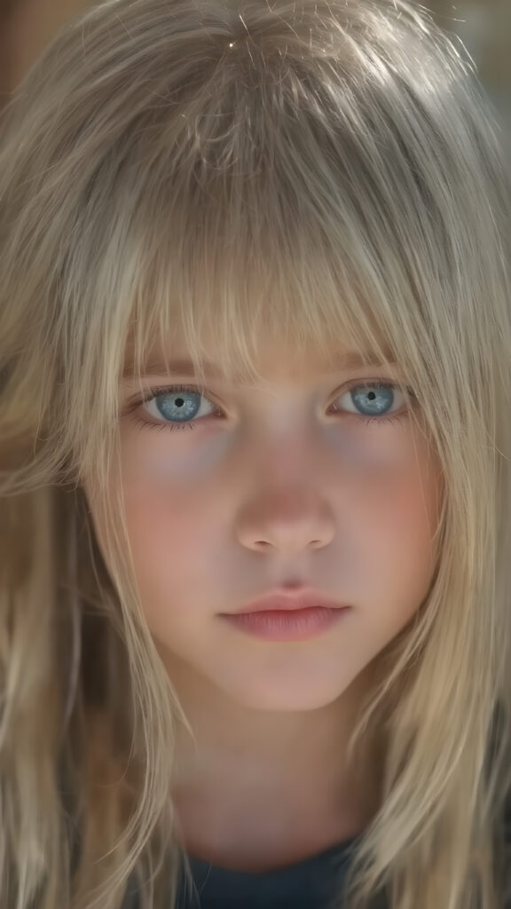 A stunningly detailed (((full body view))) (((airbrush masterpiece))), featuring a young girl with luxurious, ((straight blonde hair)) and (pale skin) that exudes an ethereal glow. Her eyes are a mesmerizing shade of blue, (the color of the sky on a clear day), captivating and inviting. The scene is set against a soft, natural light that casts a warm, golden glow, highlighting the cool tones of the background and creating a cozy, dreamy atmosphere.