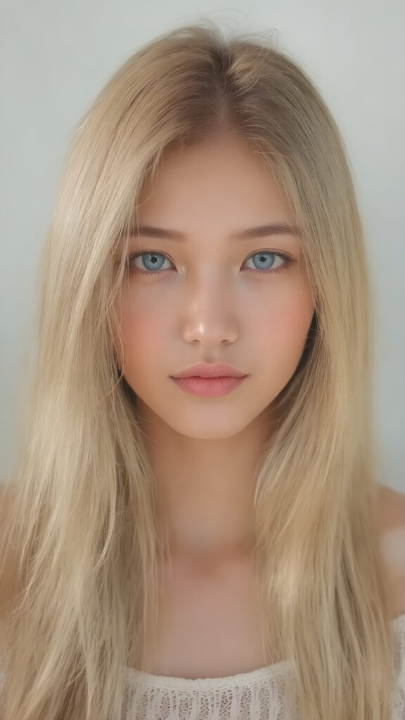 A stunningly detailed (((full body view))) (((airbrush masterpiece))), featuring a young Asian girl with luxurious, ((straight blonde hair)) and (pale skin) that exudes an ethereal glow. Her eyes are a mesmerizing shade of blue, (the color of the sky on a clear day), captivating and inviting. The scene is set against a soft, natural light that casts a warm, golden glow, highlighting the cool tones of the background and creating a cozy, dreamy atmosphere.