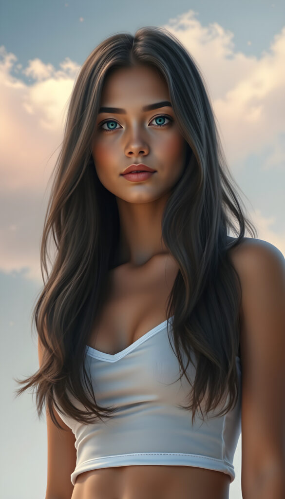 A stunningly detailed and vibrant illustration of a confident 18-year-old girl with flawless smooth skin, wearing a short white cotton top with a plunging neckline. Her luxurious, slightly wavy black hair cascades gracefully over her shoulders left an right the same length. Her bright, natural blue eyes gaze directly at the viewer, embodying a sense of self-assurance. The background is a dreamy, pastel-hued sky with soft, wispy clouds, enhancing the serene and ethereal atmosphere. The lighting is soft and natural, casting gentle highlights and shadows that accentuate her features and the texture of her hair. The composition is dynamic, with the girl standing confidently, her body slightly angled, creating a sense of depth and movement in the scene.