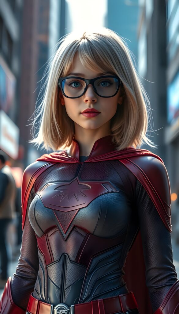 A stunningly detailed (((full angle body shot))), with intricate patterns and detailed textures, capturing a beautifully illustrated (((young supergirl in her classic costume))), her iconic blonde hair is styled in a sleek, high-tech bob with a 4K resolution, framed by a futuristic glasses that reflect the modern aesthetic. The scene is set against a backdrop of hyper-realistic, detailed environments that push the limits of imagination, creating a breathtaking visual symphony that defies the realm of possibility. Modern color grading techniques bring the whole composition to life, elevating this advanced image to the highest standard of artistry and technique, giving the viewer a truly unforgettable visual masterpiece