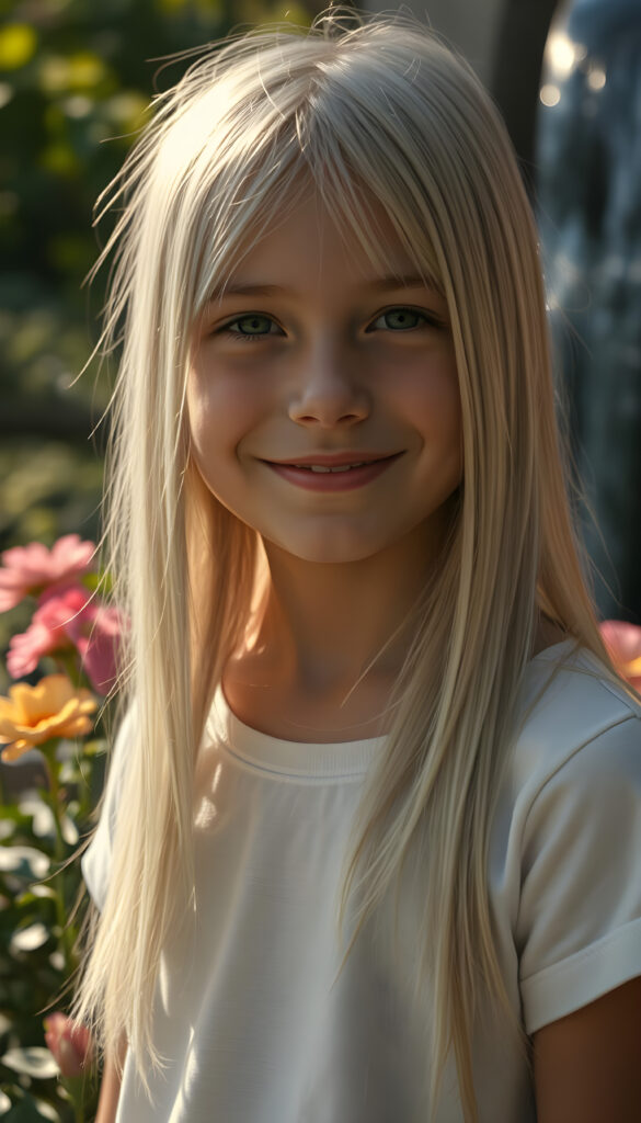 A stunningly detailed and hyperrealistic scene of a young girl with flowing, untamed, straight, silky white blonde hair cascading down her shoulders, framing her round face. She is very happy and friendly. She wears a minimalist white short-sleeve T-shirt, with the fabric softly hugging her petite form. The setting is a serene, sunlit garden, with vibrant flowers blooming around her. Soft, golden light filters through the leaves, casting a warm, ethereal glow over the scene. In the background, a gentle waterfall adds to the tranquil ambiance, enhancing the dreamlike atmosphere. The girl's hair shimmers with a subtle iridescence, catching the light in delicate highlights.