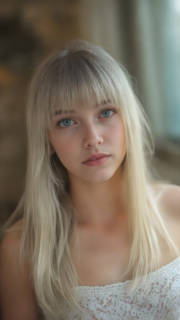 A (((stunningly cute and elegant young teen girl))) with straight, ((long, soft, silky white hair)), cascades down to her shoulders, framing a round face in bangs cut, she wears a (white lace, cropped tank top) under a soft, glowing spotlight