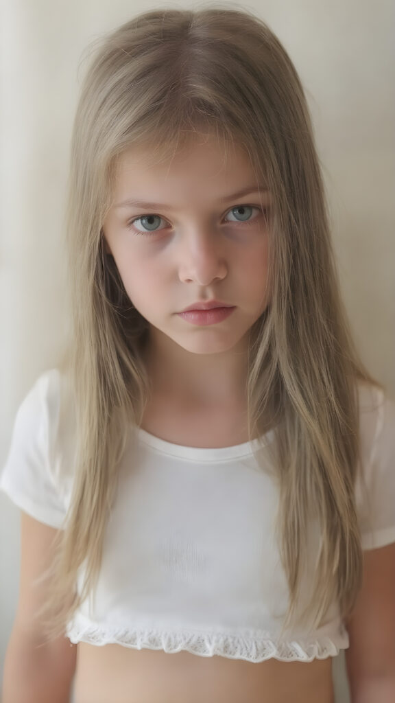 A (((stunningly detailed full-body image))) capturing a (((very long, straight hazelnut hair))), with a (realistically detailed angelic round face) and (intelligent, realistic-looking hazelnut eyes) that convey a sense of pensiveness. The girl is wearing a (super short, tight white t-shirt) with a (transparent, short, frilly hem) that accentuates her toned, natural body. The scene is (softly backlit) with a (natural, warm glow) that emphasizes her youthful, innocent beauty