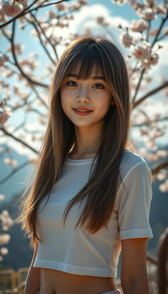 A stunningly elegant and cute Asian teenage girl with long, straight hazelnut full open hair and blond highlights, in a perfect shoulder length bob cut, with a (realistically detailed angelic round face) and (realistically detailed hazelnut eyes) looking pensively at the camera, wearing a (super short, tight white plain t-shirt). She is standing in front of a beautiful cherry blossom tree with a gentle breeze blowing the petals around her. The background is a serene mountain landscape with a clear blue sky and fluffy white clouds. The lighting is soft and warm, with a golden glow from the sun peeking through the trees. The girl has a playful smile on her face. The composition is dynamic, with the girl positioned slightly off-center to create a sense of movement and depth. She stands in front of the viewer.