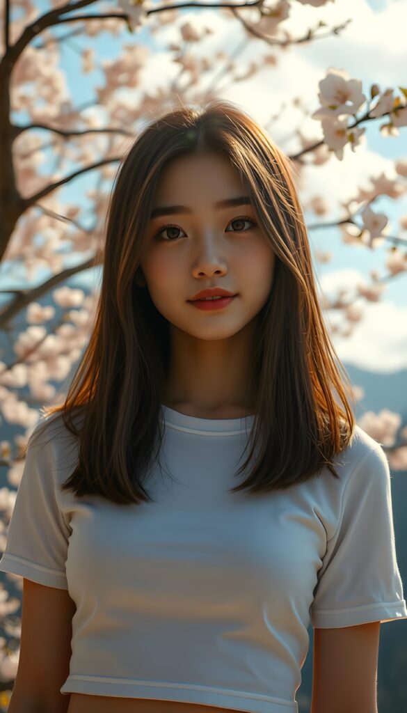 A stunningly elegant and cute Asian teenage girl with long, straight hazelnut full open hair and blond highlights, in a perfect shoulder length bob cut, with a (realistically detailed angelic round face) and (realistically detailed hazelnut eyes) looking pensively at the camera, wearing a (super short, tight white plain t-shirt). She is standing in front of a beautiful cherry blossom tree with a gentle breeze blowing the petals around her. The background is a serene mountain landscape with a clear blue sky and fluffy white clouds. The lighting is soft and warm, with a golden glow from the sun peeking through the trees. The girl has a playful smile on her face. The composition is dynamic, with the girl positioned slightly off-center to create a sense of movement and depth. She stands in front of the viewer.