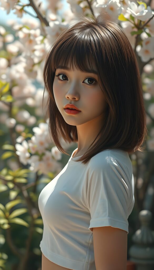 A stunningly elegant and cute Asian teenage girl with shoulder length, hazelnut full open hair and a round, angelic face gazes pensively at the camera. Her eyes are large and expressive, reflecting a mix of curiosity and introspection. She wears a super short, tight white t-shirt that accentuates her youthful figure. The background is a vibrant, sunlit garden with blooming cherry blossoms, adding a touch of serene beauty to the scene. The lighting is soft and natural, casting gentle shadows that highlight her features. She stands in a playful pose, with one hand resting on her hip, exuding confidence and charm. The image is imbued with a whimsical, dreamlike quality, blending realism with a touch of fantasy.