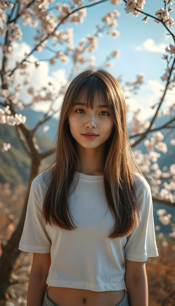 A stunningly elegant and cute Asian teenage girl with long, straight hazelnut full open hair and blond highlights, in a perfect shoulder length bob cut, with a (realistically detailed angelic round face) and (realistically detailed hazelnut eyes) looking pensively at the camera, wearing a (super short, tight white plain t-shirt). She is standing in front of a beautiful cherry blossom tree with a gentle breeze blowing the petals around her. The background is a serene mountain landscape with a clear blue sky and fluffy white clouds. The lighting is soft and warm, with a golden glow from the sun peeking through the trees. The girl has a playful smile on her face. The composition is dynamic, with the girl positioned slightly off-center to create a sense of movement and depth. She stands in front of the viewer.