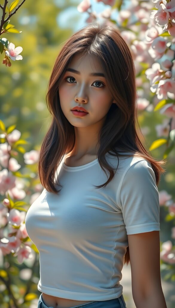 A stunningly elegant and cute Asian teenage girl with shoulder length, hazelnut full open hair and a round, angelic face gazes pensively at the camera. Her eyes are large and expressive, reflecting a mix of curiosity and introspection. She wears a super short, tight white t-shirt that accentuates her youthful figure. The background is a vibrant, sunlit garden with blooming cherry blossoms, adding a touch of serene beauty to the scene. The lighting is soft and natural, casting gentle shadows that highlight her features. She stands in a playful pose, with one hand resting on her hip, exuding confidence and charm. The image is imbued with a whimsical, dreamlike quality, blending realism with a touch of fantasy.
