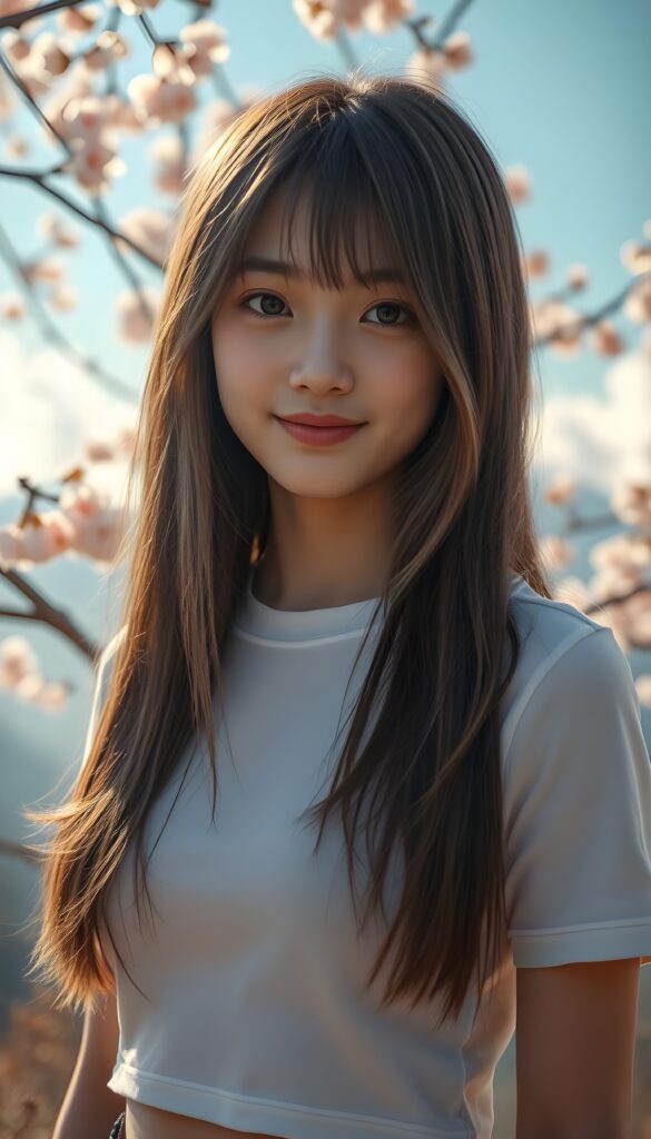 A stunningly elegant and cute Asian teenage girl with long, straight hazelnut full open hair and blond highlights, in a perfect shoulder length bob cut, with a (realistically detailed angelic round face) and (realistically detailed hazelnut eyes) looking pensively at the camera, wearing a (super short, tight white plain t-shirt). She is standing in front of a beautiful cherry blossom tree with a gentle breeze blowing the petals around her. The background is a serene mountain landscape with a clear blue sky and fluffy white clouds. The lighting is soft and warm, with a golden glow from the sun peeking through the trees. The girl has a playful smile on her face. The composition is dynamic, with the girl positioned slightly off-center to create a sense of movement and depth. She stands in front of the viewer.