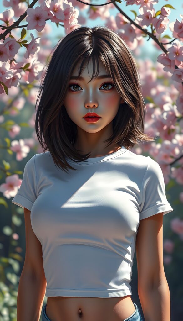 A stunningly elegant and cute Asian teenage girl with shoulder length, hazelnut full open hair and a round, angelic face gazes pensively at the camera. Her eyes are large and expressive, reflecting a mix of curiosity and introspection. She wears a super short, tight white t-shirt that accentuates her youthful figure. The background is a vibrant, sunlit garden with blooming cherry blossoms, adding a touch of serene beauty to the scene. The lighting is soft and natural, casting gentle shadows that highlight her features. She stands in a playful pose, with one hand resting on her hip, exuding confidence and charm. The image is imbued with a whimsical, dreamlike quality, blending realism with a touch of fantasy.