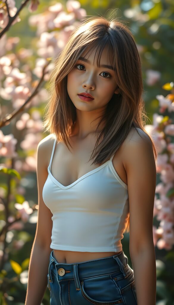 A stunningly elegant and cute well busty petite girl with shoulder length, hazelnut full open and straight hair and blond highlights, a round, angelic face gazes pensively at the camera. Her eyes are large and expressive, reflecting a mix of curiosity and introspection. She wears a super short, tight white plain spaghetti tank top made of fine wool that accentuates her youthful figure in a deep v-neck. Deep blue short denim jeans pants. The background is a vibrant, sunlit garden with blooming cherry blossoms, adding a touch of serene beauty to the scene. The lighting is soft and natural, casting gentle shadows that highlight her features. She stands in a playful pose, with one hand resting on her hip, exuding confidence and charm. The image is imbued with a whimsical, dreamlike quality, blending realism with a touch of fantasy. You can see her cute round dark belly button.