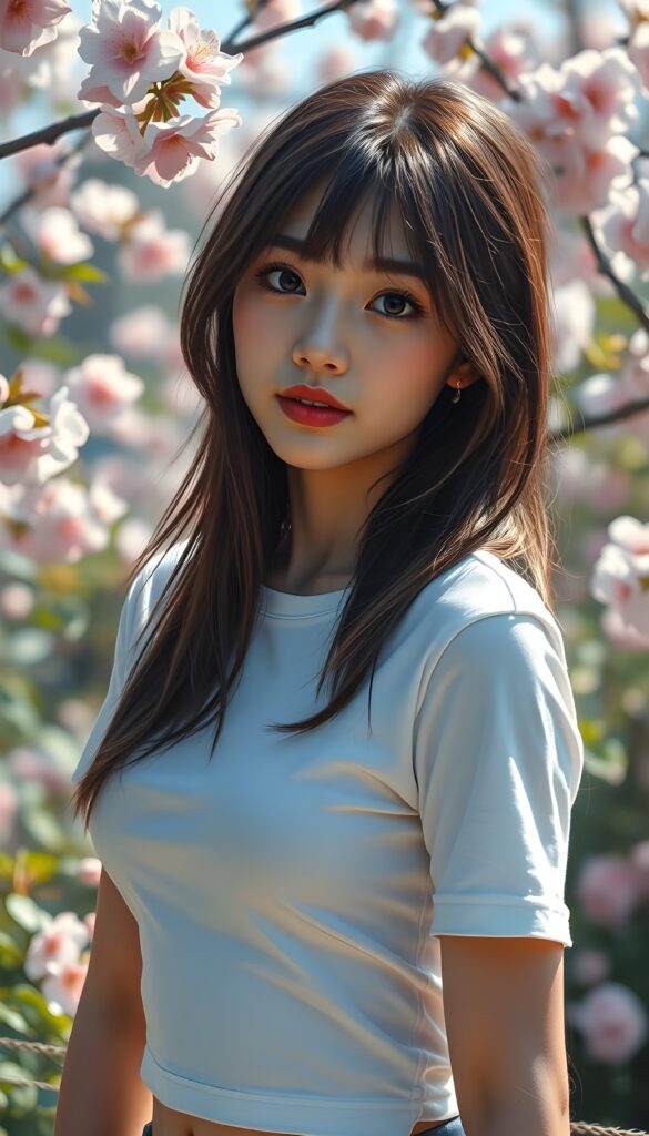 A stunningly elegant and cute Asian teenage girl with shoulder length, hazelnut full open hair and a round, angelic face gazes pensively at the camera. Her eyes are large and expressive, reflecting a mix of curiosity and introspection. She wears a super short, tight white t-shirt that accentuates her youthful figure. The background is a vibrant, sunlit garden with blooming cherry blossoms, adding a touch of serene beauty to the scene. The lighting is soft and natural, casting gentle shadows that highlight her features. She stands in a playful pose, with one hand resting on her hip, exuding confidence and charm. The image is imbued with a whimsical, dreamlike quality, blending realism with a touch of fantasy.