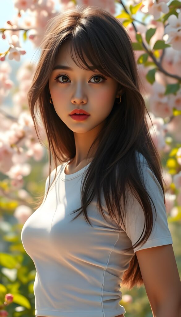 A stunningly elegant and cute Asian teenage girl with shoulder length, hazelnut full open hair and a round, angelic face gazes pensively at the camera. Her eyes are large and expressive, reflecting a mix of curiosity and introspection. She wears a super short, tight white t-shirt that accentuates her youthful figure. The background is a vibrant, sunlit garden with blooming cherry blossoms, adding a touch of serene beauty to the scene. The lighting is soft and natural, casting gentle shadows that highlight her features. She stands in a playful pose, with one hand resting on her hip, exuding confidence and charm. The image is imbued with a whimsical, dreamlike quality, blending realism with a touch of fantasy.