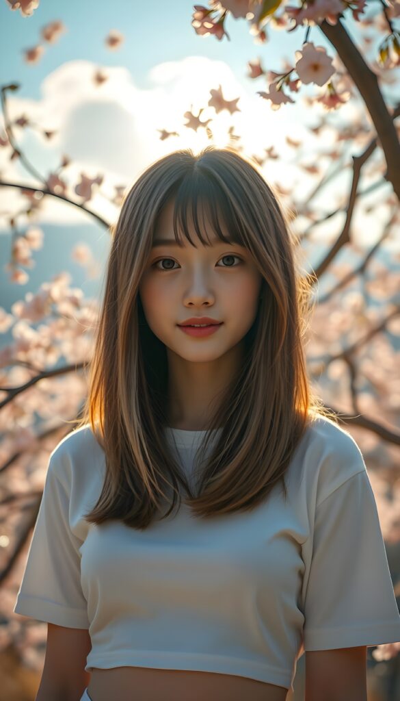 A stunningly elegant and cute Asian teenage girl with long, straight hazelnut full open hair and blond highlights, in a perfect shoulder length bob cut, with a (realistically detailed angelic round face) and (realistically detailed hazelnut eyes) looking pensively at the camera, wearing a (super short, tight white plain t-shirt). She is standing in front of a beautiful cherry blossom tree with a gentle breeze blowing the petals around her. The background is a serene mountain landscape with a clear blue sky and fluffy white clouds. The lighting is soft and warm, with a golden glow from the sun peeking through the trees. The girl has a playful smile on her face. The composition is dynamic, with the girl positioned slightly off-center to create a sense of movement and depth. She stands in front of the viewer.