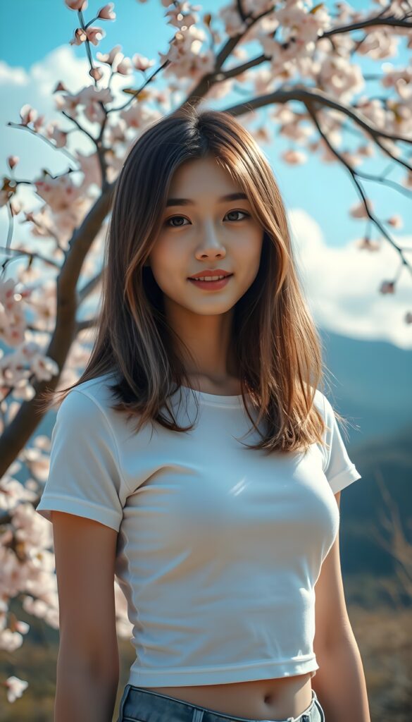 A stunningly elegant and cute Asian teenage girl with long, straight hazelnut full open hair and blond highlights, in a perfect shoulder length bob cut, with a (realistically detailed angelic round face) and (realistically detailed hazelnut eyes) looking pensively at the camera, wearing a (super short, tight white plain t-shirt). She is standing in front of a beautiful cherry blossom tree with a gentle breeze blowing the petals around her. The background is a serene mountain landscape with a clear blue sky and fluffy white clouds. The lighting is soft and warm, with a golden glow from the sun peeking through the trees. The girl has a playful smile on her face. The composition is dynamic, with the girl positioned slightly off-center to create a sense of movement and depth. She stands in front of the viewer.
