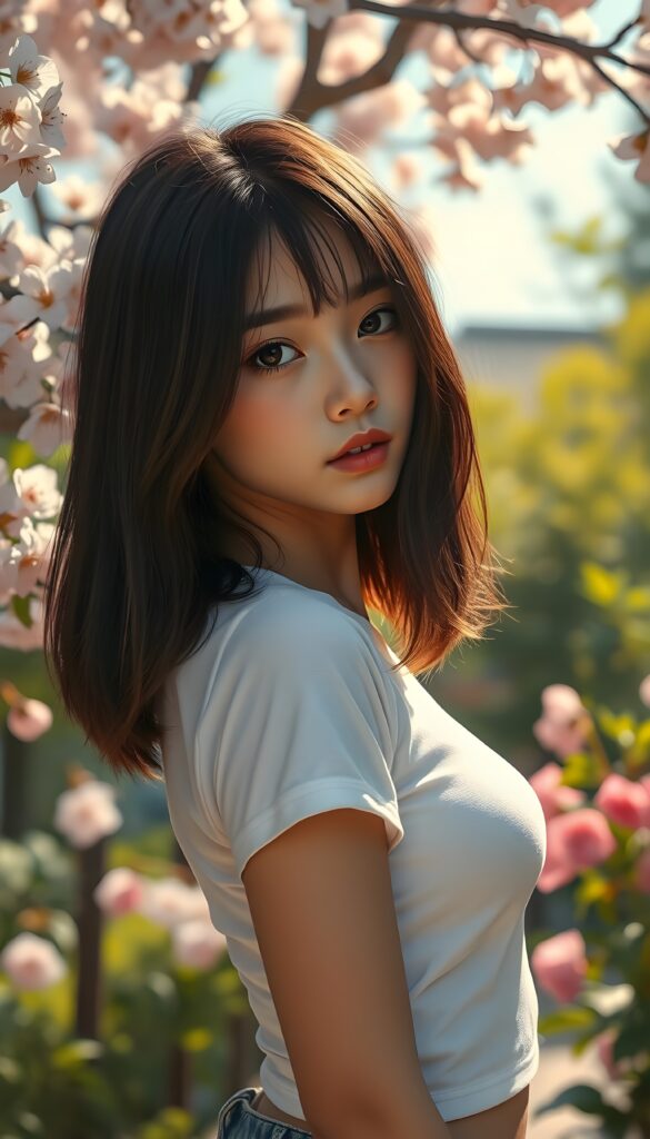 A stunningly elegant and cute Asian teenage girl with shoulder length, hazelnut full open hair and a round, angelic face gazes pensively at the camera. Her eyes are large and expressive, reflecting a mix of curiosity and introspection. She wears a super short, tight white t-shirt that accentuates her youthful figure. The background is a vibrant, sunlit garden with blooming cherry blossoms, adding a touch of serene beauty to the scene. The lighting is soft and natural, casting gentle shadows that highlight her features. She stands in a playful pose, with one hand resting on her hip, exuding confidence and charm. The image is imbued with a whimsical, dreamlike quality, blending realism with a touch of fantasy.