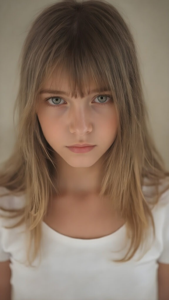 A (((stunningly detailed full-body image))) capturing a (((very long, straight hazelnut hair))), with a (realistically detailed angelic round face) and (intelligent, realistic-looking hazelnut eyes) that convey a sense of pensiveness. The girl is wearing a (super short, tight white t-shirt) with a (transparent, short, frilly hem) that accentuates her toned, natural body. The scene is (softly backlit) with a (natural, warm glow) that emphasizes her youthful, innocent beauty