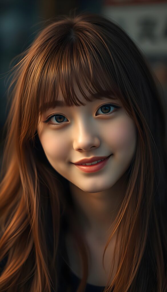 A (((stunningly gorgeous a (((professional photograph))) with intricate details and vibrant colors that capture the essence of a young teen girl with (a fair complexion) and (long, auburn hair) in a (Korean Style bangs), showcasing highly detailed skin texture, warm smile, and inviting eyes. The image exudes high resolution and ultra fine detail, reflective of the advanced technology and professional techniques used to capture this breathtaking masterpiece. The lighting is soft and dim, enhancing the shadows and creating a serene atmosphere, perfect for the teen girl’s serene expression