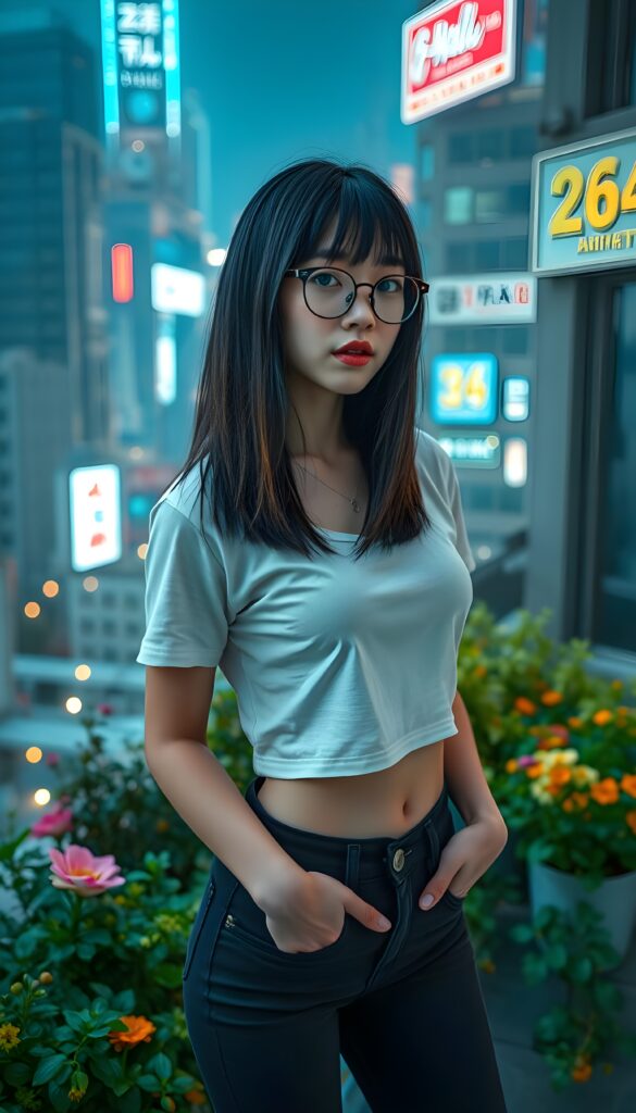 A stunningly gorgeous (((young well busty Korean nerd teen e-girl with straight, long, open black hair and light brown highlights, shoulder-length bob cut, piercingly blue eyes, wearing black glasses and a sleek, tight white cropped thin T-shirt paired with black skin-tight skinny jeans))), posing confidently in a futuristic, neon-lit cyberpunk cityscape. The scene is vibrant with holographic advertisements, creating a dynamic contrast to her classic style. She stands atop a rooftop garden filled with lush greenery and colorful flowers, looking effortlessly beautiful against the backdrop of towering skyscrapers illuminated by soft, ambient light. The composition emphasizes her perfect figure and radiant presence, capturing a harmonious blend of retro and modern aesthetics. Round dark belly button.