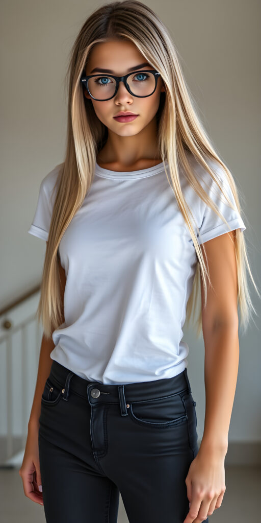 A stunningly gorgeous (((very young nerd teen girl, she wears black glasses))), with straight, long, open blond hair same length, and piercingly blue eyes, dressed in a sleek, tight white cropped T-shirt and (black, skin tight skinny jeans) that accentuate her perfect figure, poised confidently in a (((full body shot))) that exudes breathtaking beauty and stands out as a true masterpiece in a sea of ordinary surroundings