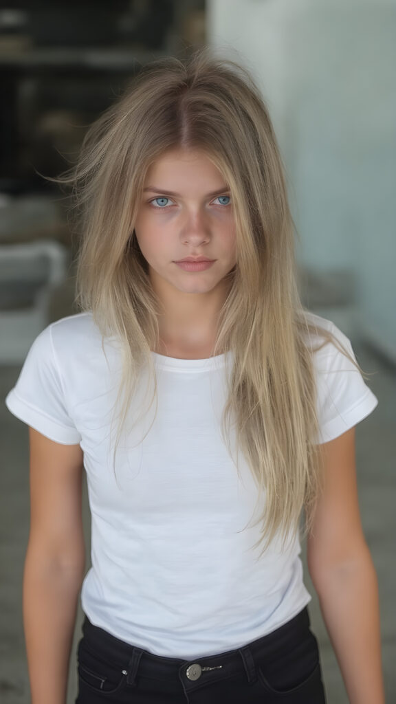 A stunningly gorgeous (((very young teen girl))), with straight, long, flowing blond hair, and piercingly blue eyes, dressed in a sleek, tight white T-shirt and (black,skin tight skinny jeans) that accentuate her perfect figure, poised confidently in a (((full body shot))) that exudes breathtaking beauty and stands out as a true masterpiece in a sea of ordinary surroundings