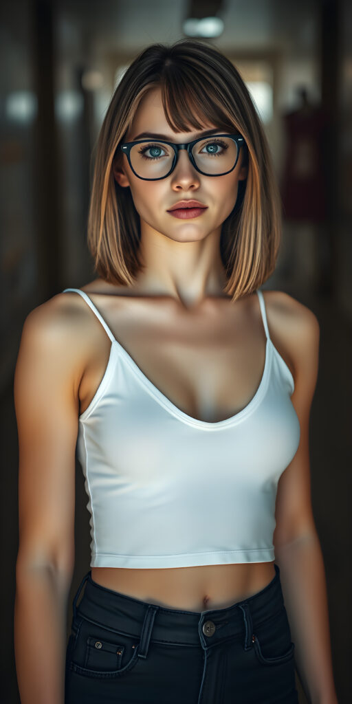 A stunningly gorgeous (((very young well busty teen girl, she wears black glasses))), with straight, open blond hair brown highlights, hair same length left and right and falls elegant over her upper body in a perfect bob cut, and piercingly blue eyes, dressed in a sleek, tight white cropped plain spaghetti tank top deep v-neck wide open front and (black short jeans pants) that accentuate her perfect figure, poised confidently in a (((full body shot))) that exudes breathtaking beauty and stands out as a true masterpiece in a sea of ordinary surroundings