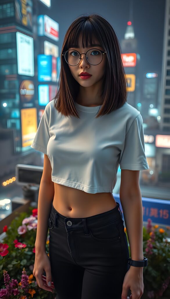 A stunningly gorgeous (((young well busty Korean nerd teen e-girl with straight, long, open black hair and light brown highlights, shoulder-length bob cut, piercingly blue eyes, wearing black glasses and a sleek, tight white cropped thin T-shirt paired with black skin-tight skinny jeans))), posing confidently in a futuristic, neon-lit cyberpunk cityscape. The scene is vibrant with holographic advertisements, creating a dynamic contrast to her classic style. She stands atop a rooftop garden filled with lush greenery and colorful flowers, looking effortlessly beautiful against the backdrop of towering skyscrapers illuminated by soft, ambient light. The composition emphasizes her perfect figure and radiant presence, capturing a harmonious blend of retro and modern aesthetics. Round dark belly button.