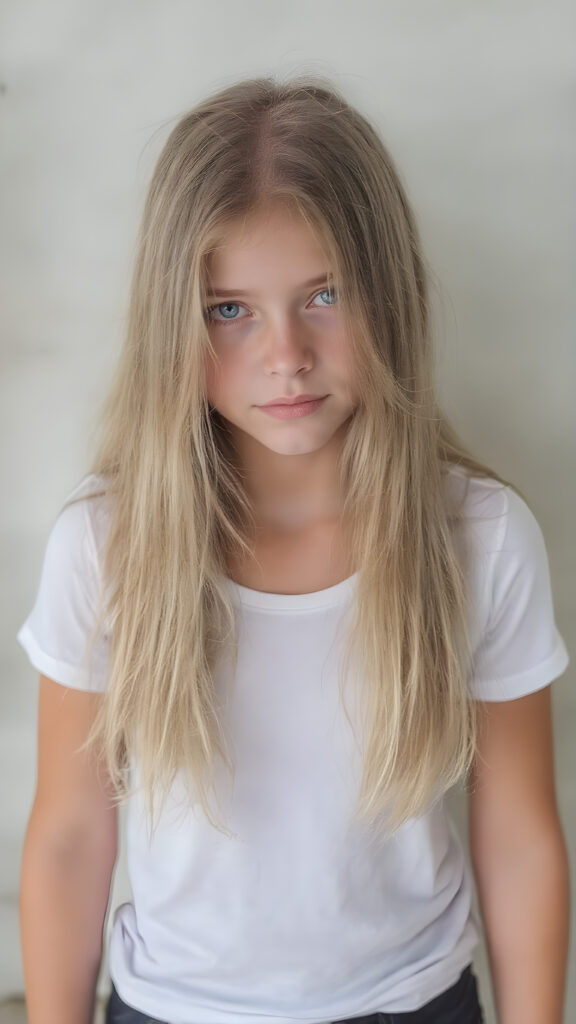 A stunningly gorgeous (((very young teen girl))), with straight, long, flowing blond hair, and piercingly blue eyes, dressed in a sleek, tight white T-shirt and (black,skin tight skinny jeans) that accentuate her perfect figure, poised confidently in a (((full body shot))) that exudes breathtaking beauty and stands out as a true masterpiece in a sea of ordinary surroundings