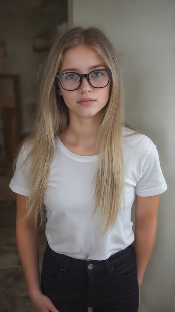 A stunningly gorgeous (((very young nerd teen girl, she wears black glasses))), with straight, long, flowing blond hair, and piercingly blue eyes, dressed in a sleek, tight white T-shirt and (black,skin tight skinny jeans) that accentuate her perfect figure, poised confidently in a (((full body shot))) that exudes breathtaking beauty and stands out as a true masterpiece in a sea of ordinary surroundings