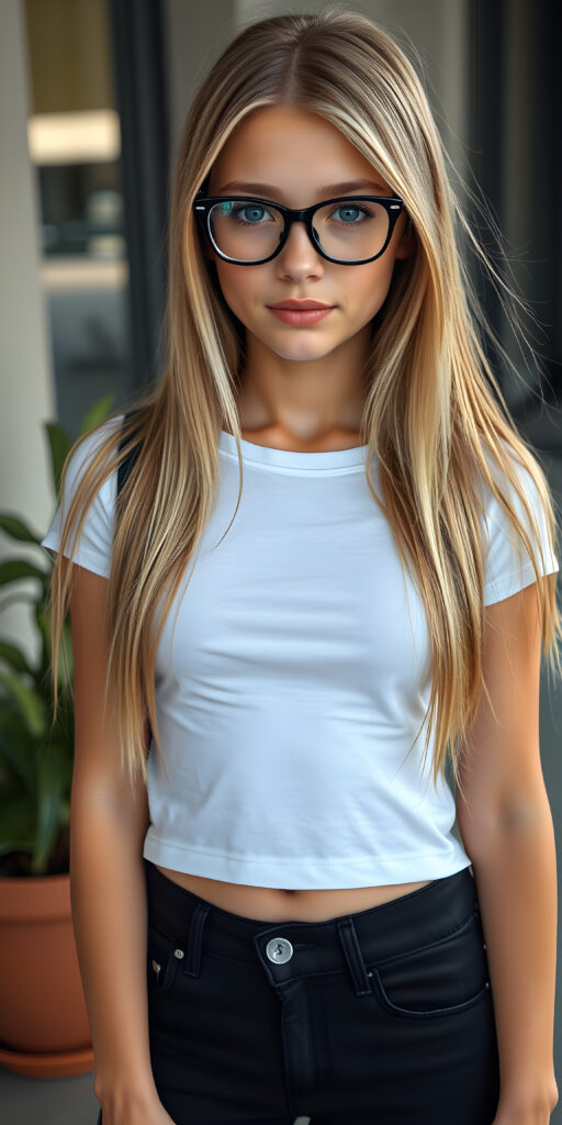 A stunningly gorgeous (((very young nerd teen girl, she wears black glasses))), with straight, long, open blond hair same length, and piercingly blue eyes, dressed in a sleek, tight white cropped T-shirt and (black, skin tight skinny jeans) that accentuate her perfect figure, poised confidently in a (((full body shot))) that exudes breathtaking beauty and stands out as a true masterpiece in a sea of ordinary surroundings