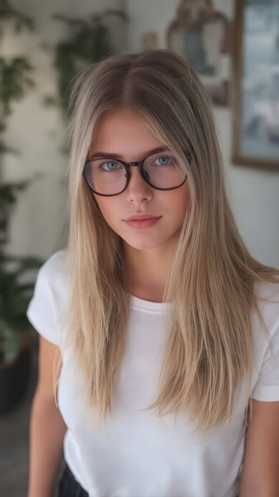 A stunningly gorgeous (((very young nerd teen girl, she wears black glasses))), with straight, long, flowing blond hair, and piercingly blue eyes, dressed in a sleek, tight white T-shirt and (black,skin tight skinny jeans) that accentuate her perfect figure, poised confidently in a (((full body shot))) that exudes breathtaking beauty and stands out as a true masterpiece in a sea of ordinary surroundings