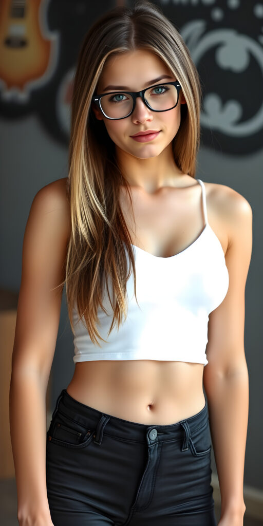 A stunningly gorgeous (((very young well busty teen girl, she wears black glasses))), with straight, open blond hair brown highlights, hair same length left and right and falls elegant over her upper body in a perfect bob cut, and piercingly blue eyes, dressed in a sleek, tight white cropped plain spaghetti tank top deep v-neck wide open front and (black short jeans pants) that accentuate her perfect figure, poised confidently in a (((full body shot))) that exudes breathtaking beauty and stands out as a true masterpiece in a sea of ordinary surroundings