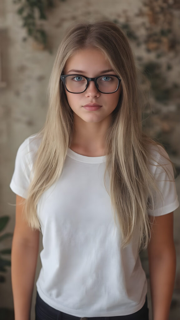 A stunningly gorgeous (((very young nerd teen girl, she wears black glasses))), with straight, long, flowing blond hair, and piercingly blue eyes, dressed in a sleek, tight white T-shirt and (black,skin tight skinny jeans) that accentuate her perfect figure, poised confidently in a (((full body shot))) that exudes breathtaking beauty and stands out as a true masterpiece in a sea of ordinary surroundings