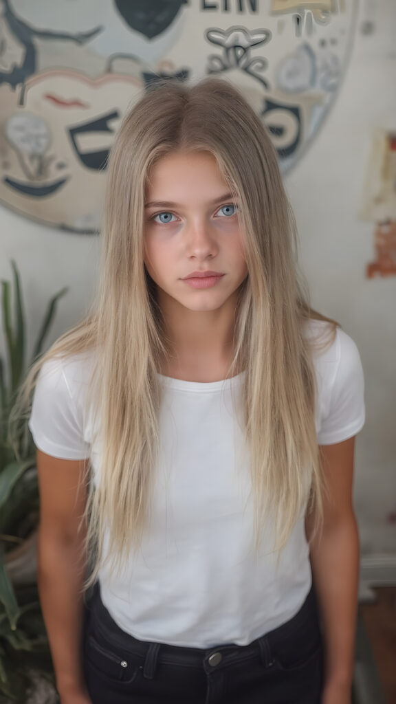 A stunningly gorgeous (((very young teen girl))), with straight, long, flowing blond hair, and piercingly blue eyes, dressed in a sleek, tight white T-shirt and (black,skin tight skinny jeans) that accentuate her perfect figure, poised confidently in a (((full body shot))) that exudes breathtaking beauty and stands out as a true masterpiece in a sea of ordinary surroundings