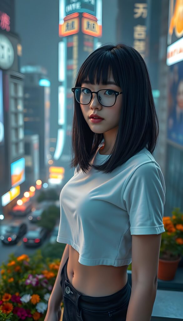 A stunningly gorgeous (((young well busty Korean nerd teen e-girl with straight, long, open black hair and light brown highlights, shoulder-length bob cut, piercingly blue eyes, wearing black glasses and a sleek, tight white cropped thin T-shirt paired with black skin-tight skinny jeans))), posing confidently in a futuristic, neon-lit cyberpunk cityscape. The scene is vibrant with holographic advertisements, creating a dynamic contrast to her classic style. She stands atop a rooftop garden filled with lush greenery and colorful flowers, looking effortlessly beautiful against the backdrop of towering skyscrapers illuminated by soft, ambient light. The composition emphasizes her perfect figure and radiant presence, capturing a harmonious blend of retro and modern aesthetics. Round dark belly button.